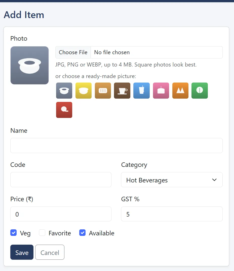 Add menu item form with photo, name, code, category, price and GST