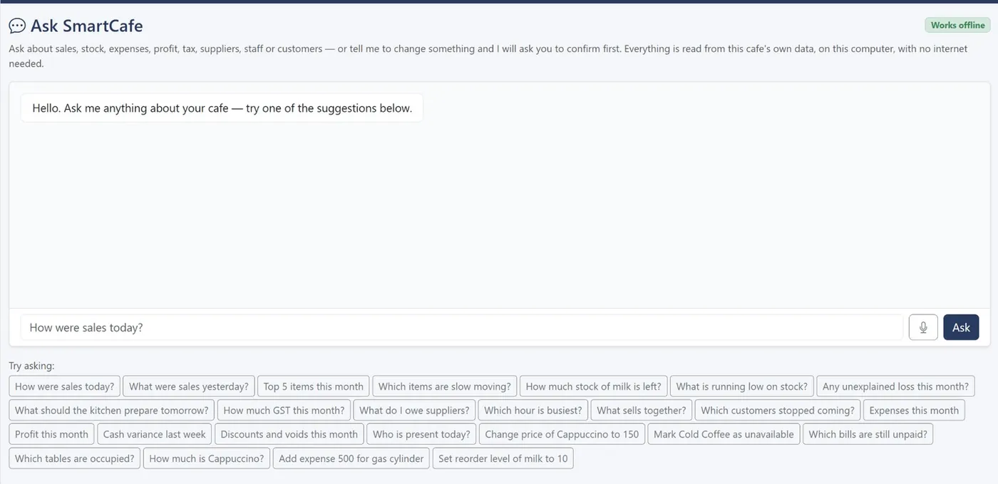 Ask assistant screen with a chat box and suggested questions about sales, stock, GST and suppliers