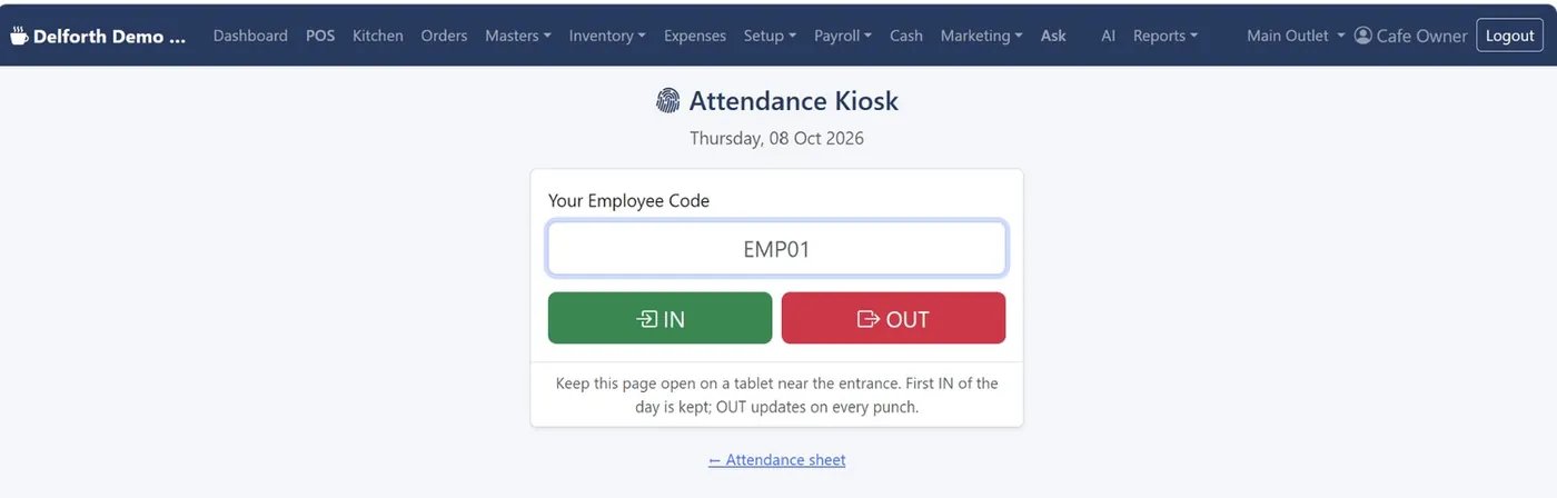 Attendance kiosk with employee code field and IN and OUT buttons