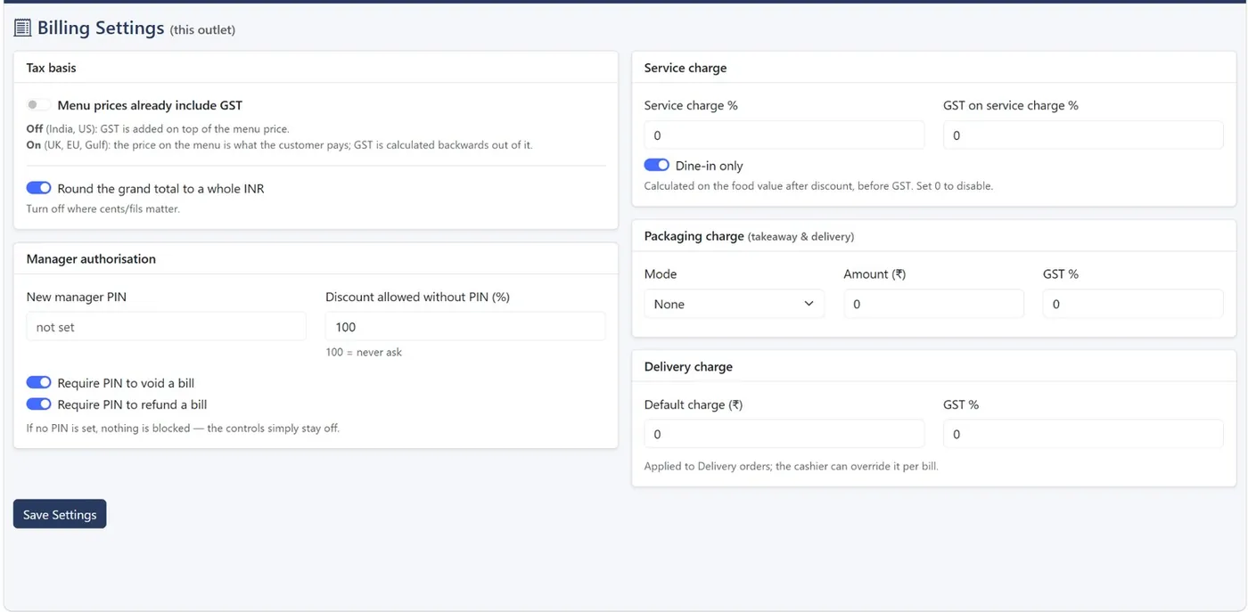Billing settings for tax basis, rounding, manager PIN and charges