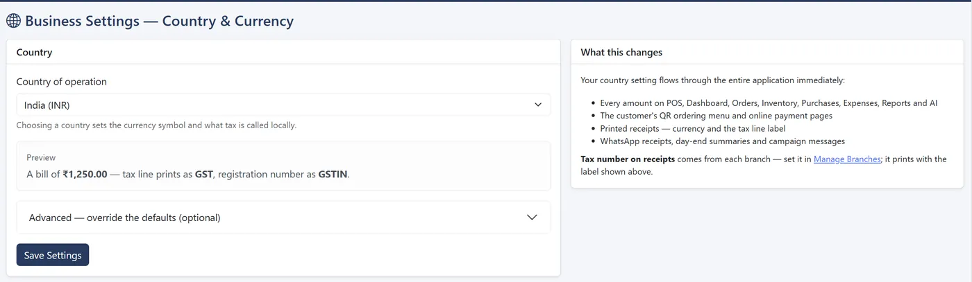 Business settings for country and currency with a preview of how a bill prints