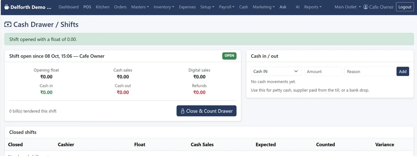 Cash Drawer Shifts screen with opening float, cash sales, digital sales, cash in, cash out and refunds