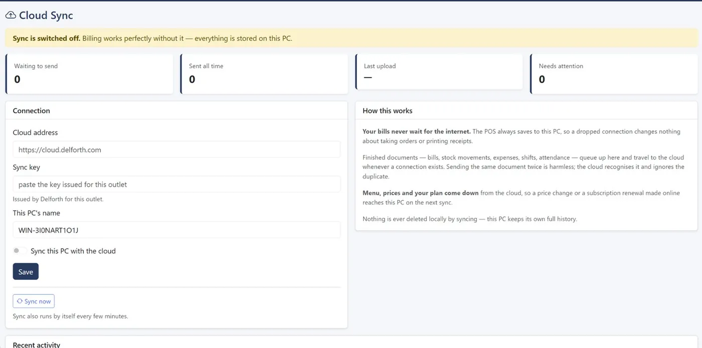 Cloud sync screen with queue counts, connection settings and an explanation of how sync works