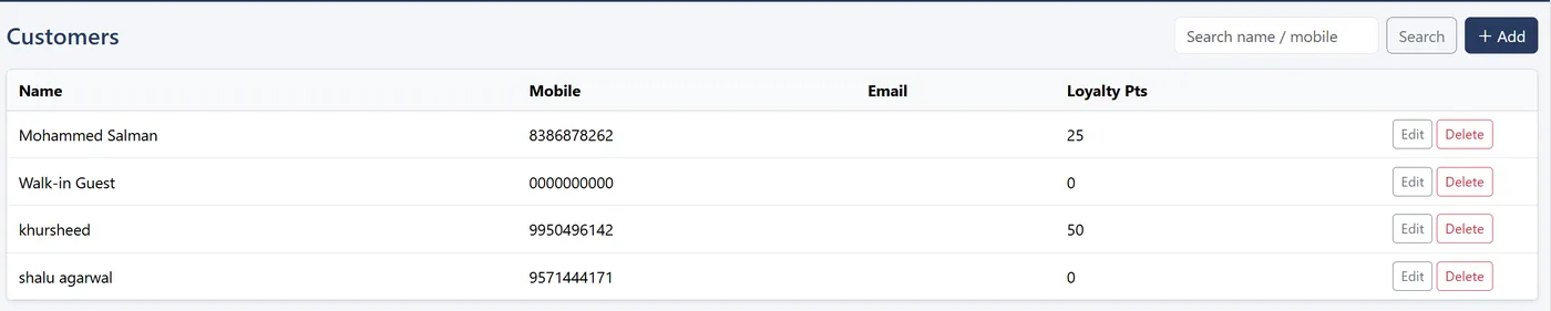 Customers list with name, mobile and loyalty points