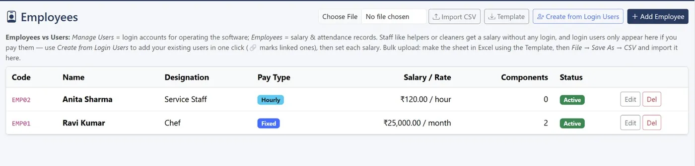 Employees list with code, designation, pay type and salary