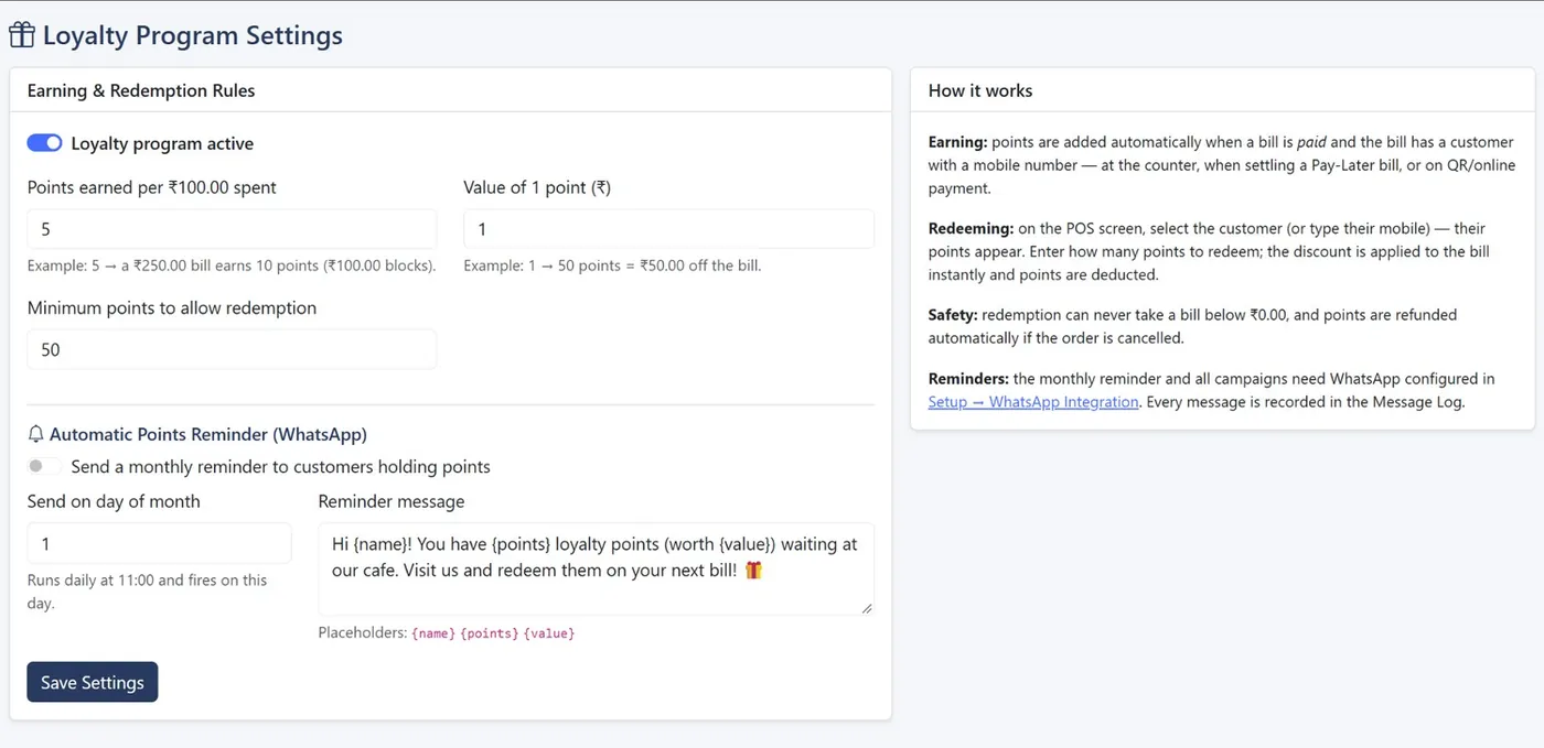 Loyalty program settings with earning and redemption rules