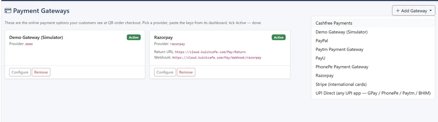 Payment gateways screen with Razorpay and other providers