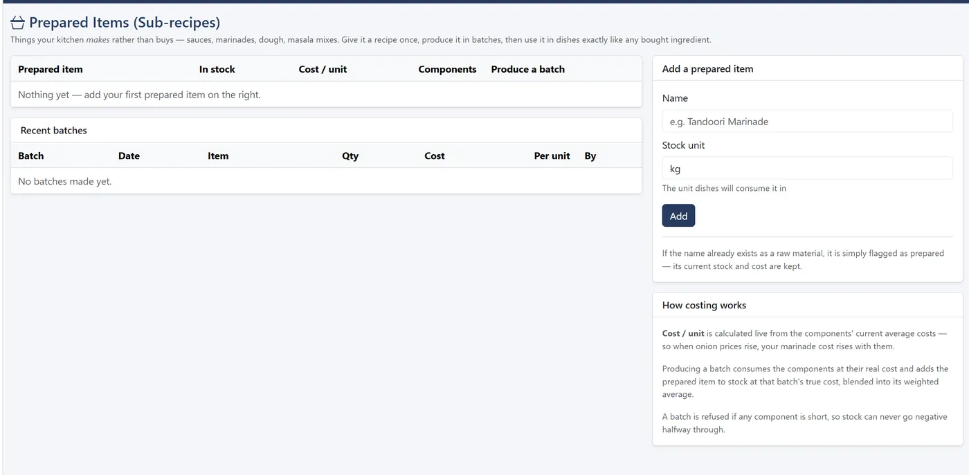 Prepared Items screen to add a sub-recipe and produce batches, with an explanation of costing