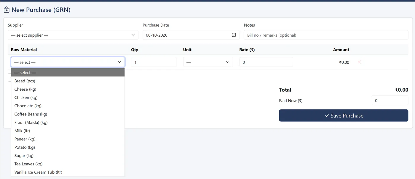 New Purchase GRN form with supplier, purchase date, raw material, quantity, unit and rate
