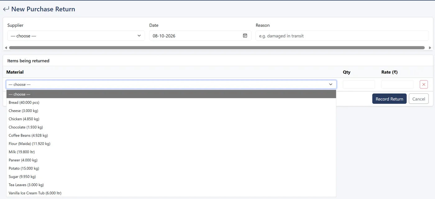 New Purchase Return form listing materials with current stock