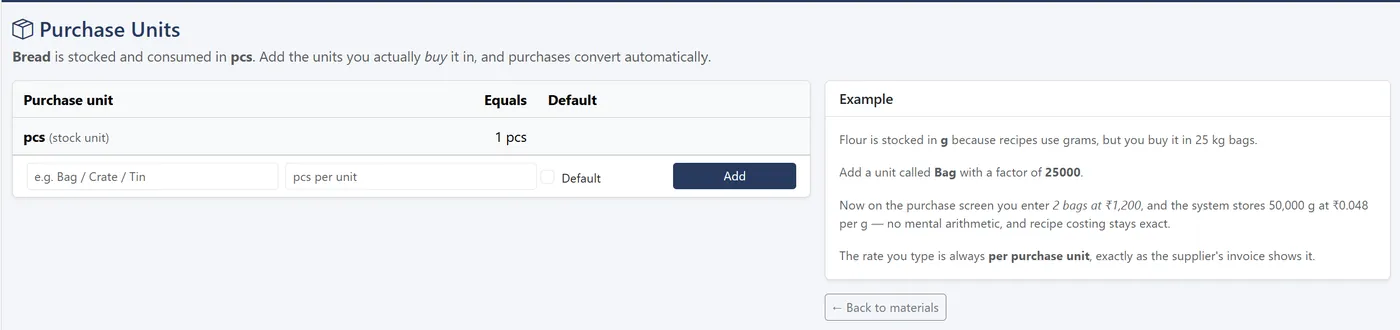 Purchase units screen explaining stock unit and purchase unit conversion