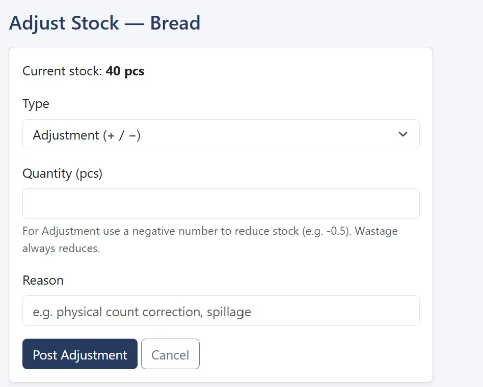 Adjust stock form with type, quantity and reason