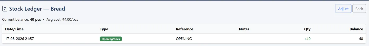 Stock ledger for bread showing opening stock entry and balance