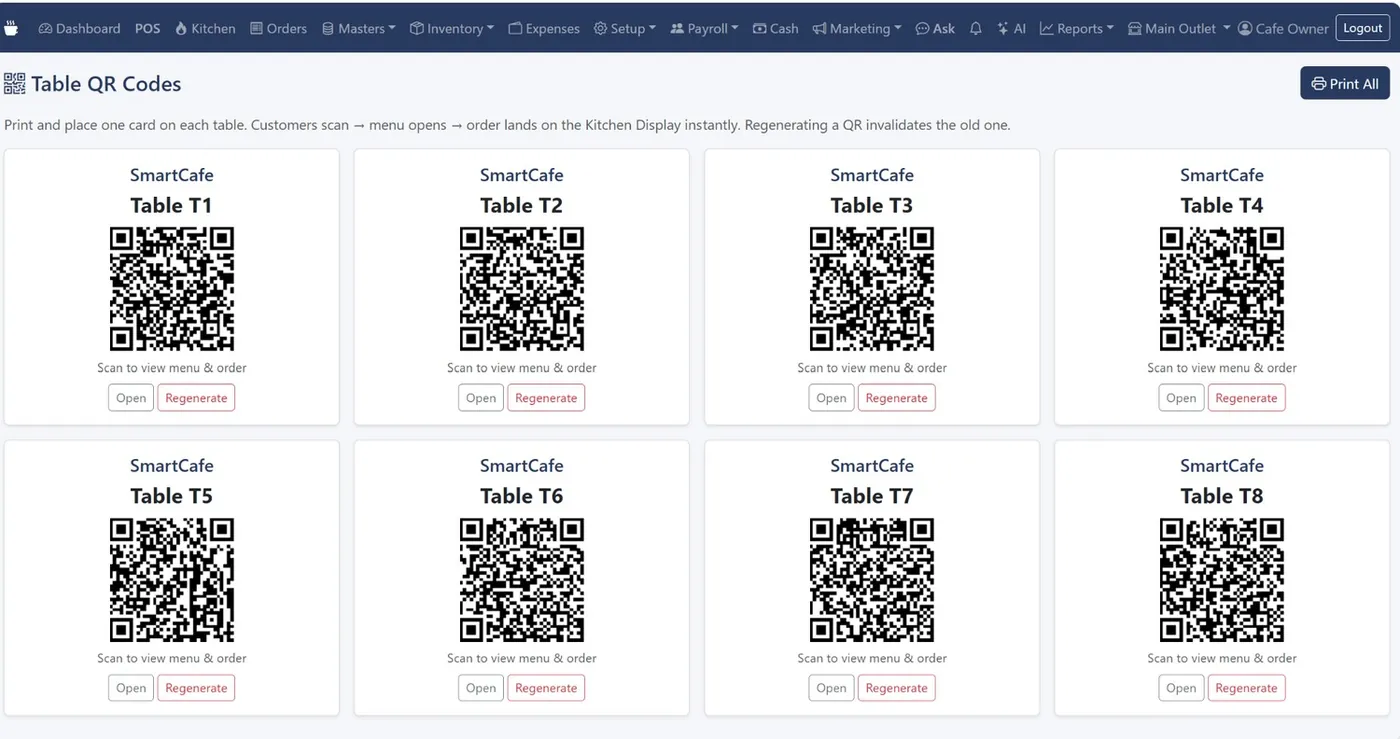 Table QR Codes screen with a printable QR card for each table, T1 to T8