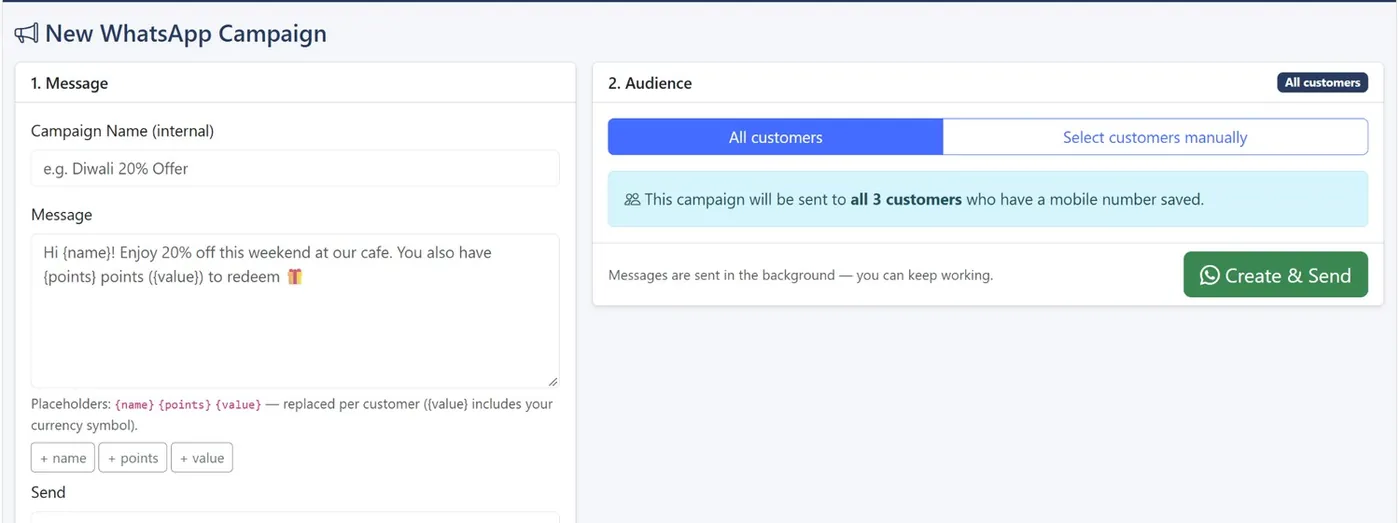 WhatsApp campaign composer with name, points and value placeholders